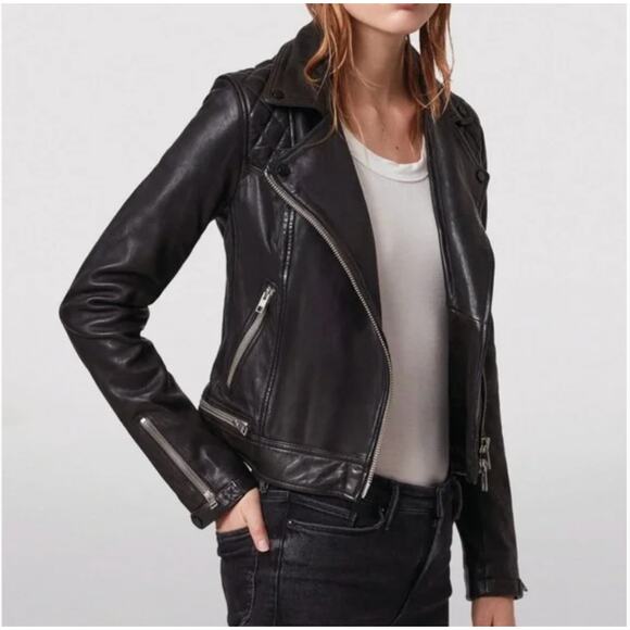 AllSaints Conroy Quilted Leather Zip Biker Jacket Black Asymmetric Size US 4 - Picture 1 of 11